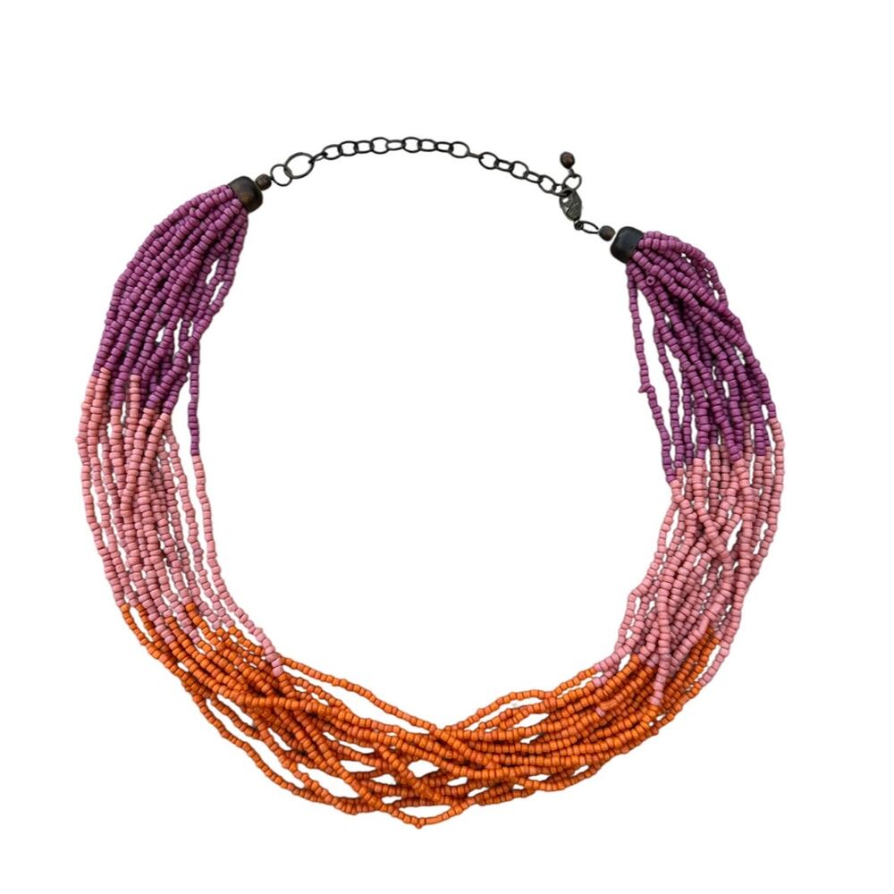 Multi layer beaded necklace color block hippie natural retro jewelry pink chunky